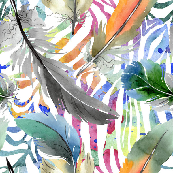 Colorful bird feather from wing isolated. Watercolor background illustration set. Seamless background pattern.