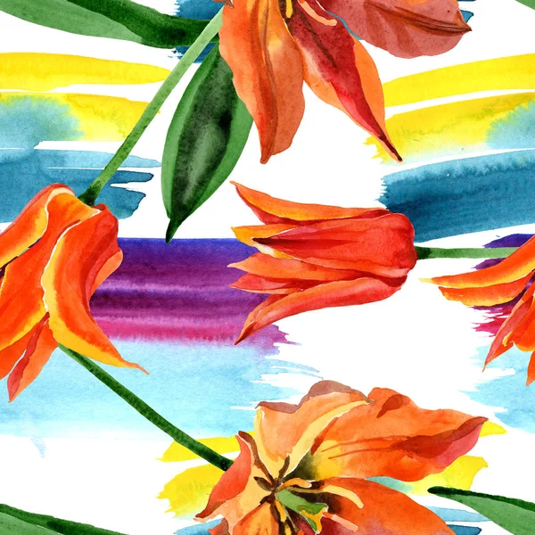 Apelsin tulpan blommiga botaniska blommor. Akvarell bakgrund illustration uppsättning. Sömlöst bakgrundsmönster. — Stockfoto