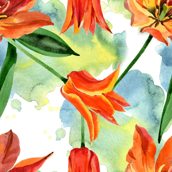 Orange tulip floral botanical flowers. Watercolor background illustration set. Seamless background pattern. — Stock Photo, Image