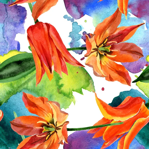 Flores botánicas florales de tulipán naranja. Conjunto de ilustración de fondo acuarela. Patrón de fondo sin costuras . — Foto de Stock