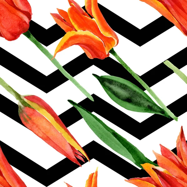 Fiori botanici floreali di tulipano arancione. Acquerello sfondo illustrazione set. Modello di sfondo senza soluzione di continuità . — Foto Stock