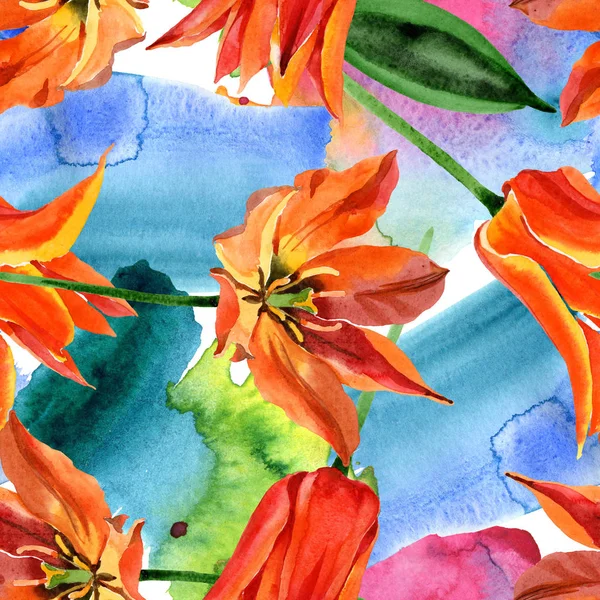 橙色郁金香花卉植物花。水彩背景插图集。无缝背景模式. — 图库照片
