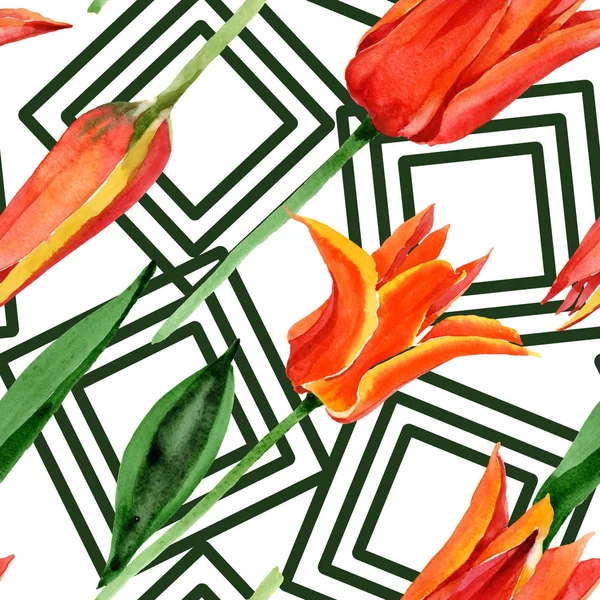 Narancs tulipán virágos botanikai virágok. Akvarell háttér illusztráció meg. Folytonos háttérmintázat. — Stock Fotó
