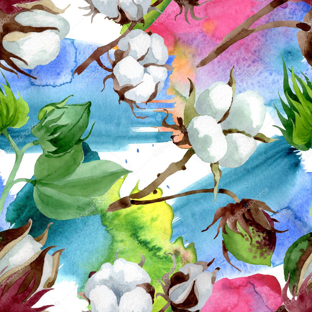 White cotton floral botanical flower. Wild spring leaf wildflower. Watercolor illustration set. Watercolour drawing fashion aquarelle. Seamless background pattern. Fabric wallpaper print texture.