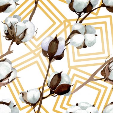 Beyaz pamuk çiçek botanik çiçekler. Suluboya arka plan illüstrasyon seti. Kesintisiz arka plan deseni.