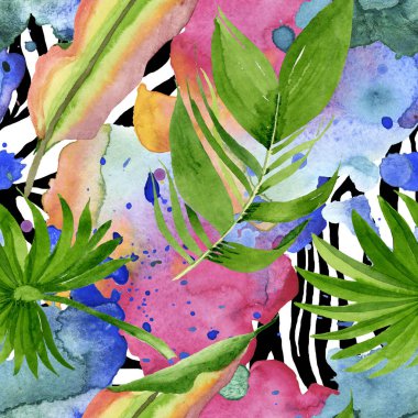 Palmiye plaj ağacı orman botanik bırakır. Suluboya arka plan illüstrasyon seti. Kesintisiz arka plan deseni.