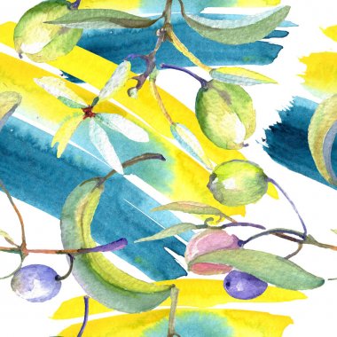 Siyah ve yeşil meyveli zeytin dalı. Suluboya arka plan illüstrasyon seti. Kesintisiz arka plan deseni.