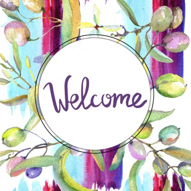 Siyah ve yeşil meyveli zeytin dalı. Suluboya arka plan illüstrasyon seti. Çerçeve kenarlık süs karesi.