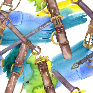 Bir suluboya tarzı deri kemer kroki moda glamour illüstrasyon. Giysi aksesuarları seti. Suluboya çizim moda aquarelle. Kusursuz arka plan deseni. Kumaş duvar kağıdı baskı doku.