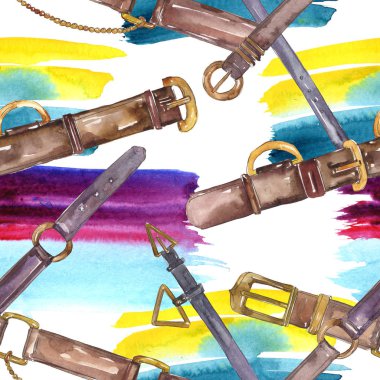Bir suluboya tarzı deri kemer kroki moda glamour illüstrasyon. Giysi aksesuarları seti. Suluboya çizim moda aquarelle. Kusursuz arka plan deseni. Kumaş duvar kağıdı baskı doku.