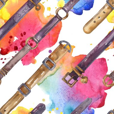 Bir suluboya tarzı deri kemer kroki moda glamour illüstrasyon. Giysi aksesuarları seti. Suluboya çizim moda aquarelle. Kusursuz arka plan deseni. Kumaş duvar kağıdı baskı doku.