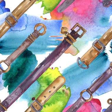 Bir suluboya tarzı deri kemer kroki moda glamour illüstrasyon. Giysi aksesuarları seti. Suluboya çizim moda aquarelle. Kusursuz arka plan deseni. Kumaş duvar kağıdı baskı doku.