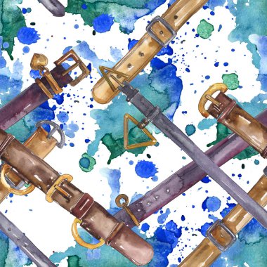 Bir suluboya tarzı deri kemer kroki moda glamour illüstrasyon. Giysi aksesuarları seti. Suluboya çizim moda aquarelle. Kusursuz arka plan deseni. Kumaş duvar kağıdı baskı doku.