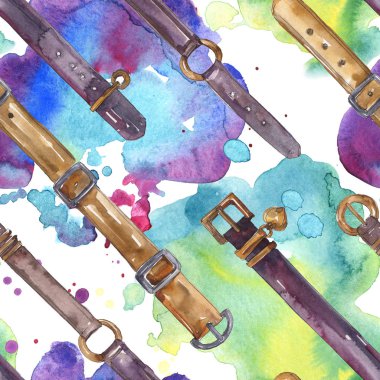 Bir suluboya tarzı deri kemer kroki moda glamour illüstrasyon. Giysi aksesuarları seti. Suluboya çizim moda aquarelle. Kusursuz arka plan deseni. Kumaş duvar kağıdı baskı doku.