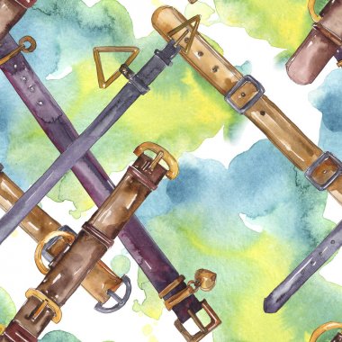 Bir suluboya tarzı deri kemer kroki moda glamour illüstrasyon. Giysi aksesuarları seti. Suluboya çizim moda aquarelle. Kusursuz arka plan deseni. Kumaş duvar kağıdı baskı doku.