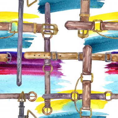 Bir suluboya tarzı deri kemer kroki moda glamour illüstrasyon. Giysi aksesuarları seti. Suluboya çizim moda aquarelle. Kusursuz arka plan deseni. Kumaş duvar kağıdı baskı doku.
