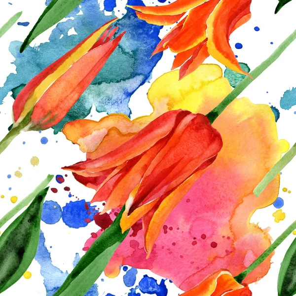 Apelsin tulpan blommiga botaniska blommor. Akvarell bakgrund illustration uppsättning. Sömlöst bakgrundsmönster. — Stockfoto