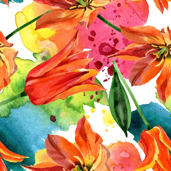 Orange tulip floral botanical flowers. Watercolor background illustration set. Seamless background pattern. — Stock Photo, Image