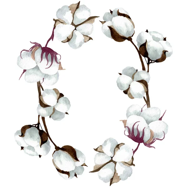 Beyaz pamuk çiçek botanik çiçekler. Suluboya arka plan illüstrasyon seti. Çerçeve kenarlık süs karesi. — Stok fotoğraf