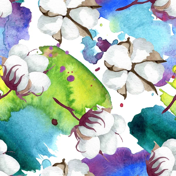 White cotton floral botanical flowers. Watercolor background illustration set. Seamless background pattern. — Stock Photo, Image