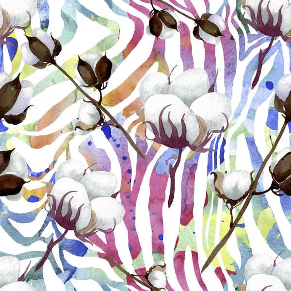 Fehér pamut virágos botanikai virágok. Akvarell háttér illusztráció meg. Folytonos háttérmintázat. — Stock Fotó