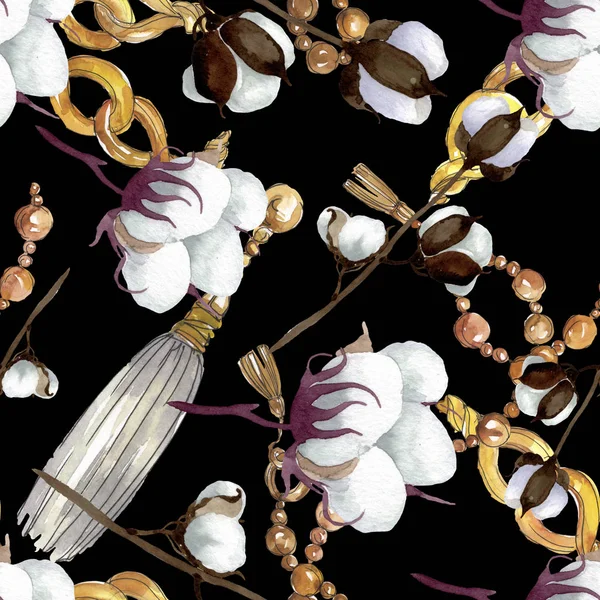 Flores botánicas florales de algodón blanco. Conjunto de ilustración de fondo acuarela. Patrón de fondo sin costuras . — Foto de Stock