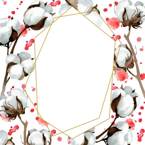 白棉花卉植物花。水彩背景插图集。框架边框装饰广场. — 图库照片
