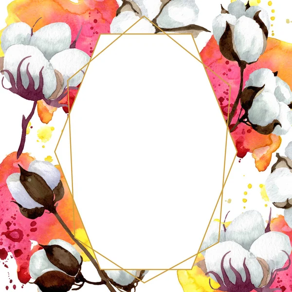 Biały bawełna kwiatowy kwiatów botanicznych. Akwarela zestaw ilustracji tła. Obramowanie ramy ornament kwadrat. — Zdjęcie stockowe