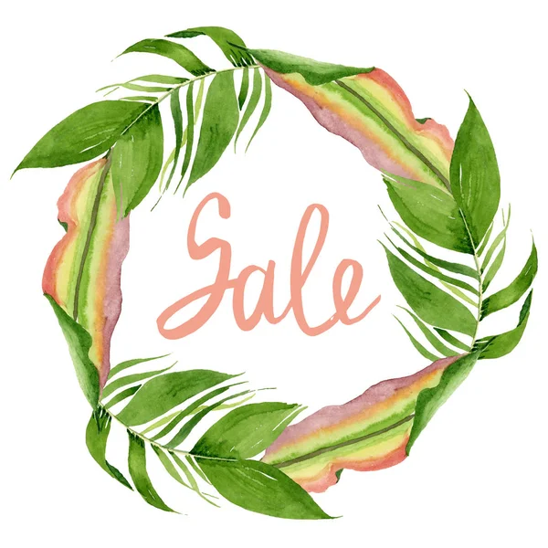 Palm beach tree leaves jungle botanical. Watercolor background illustration set. Frame border ornament square.