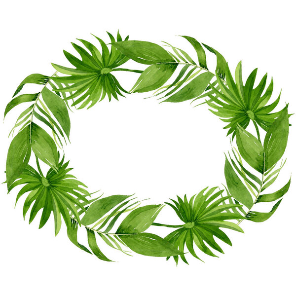 Palm beach tree leaves jungle botanical. Watercolor background illustration set. Frame border ornament square.