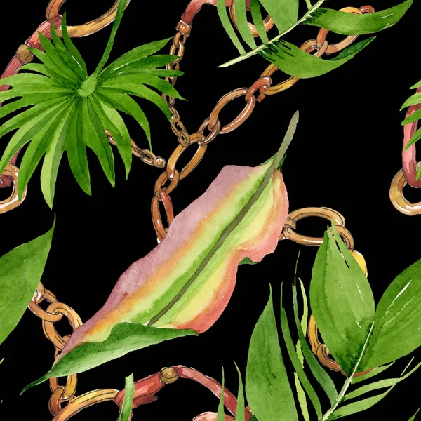 Palm beach tree leaves jungle botanical. Watercolor background illustration set. Seamless background pattern.