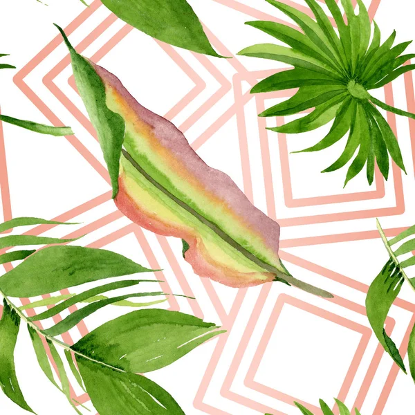 Palm beach tree leaves jungle botanical. Watercolor background illustration set. Seamless background pattern.