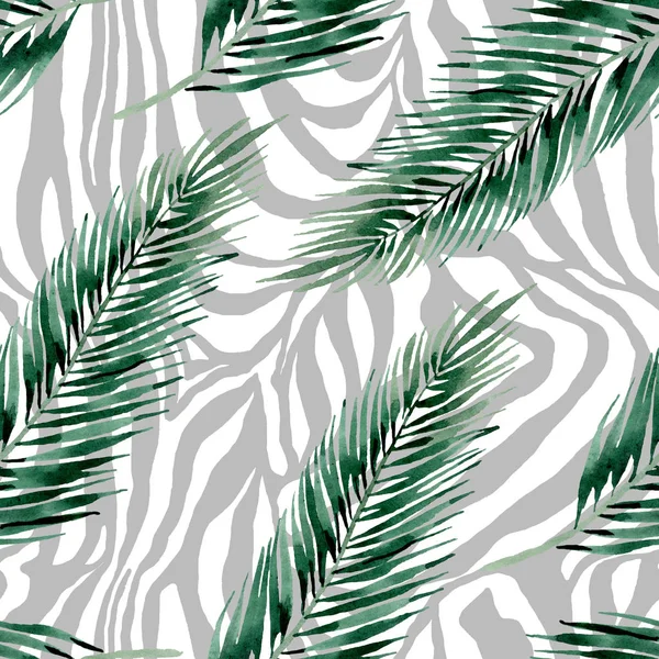 Palm beach tree leaves jungle botanical. Watercolor background illustration set. Seamless background pattern.