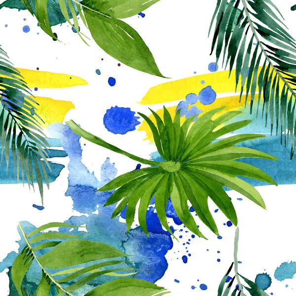 Palm Beach tree verlaat jungle botanische. Aquarel achtergrond illustratie instellen. Naadloos achtergrond patroon. — Stockfoto