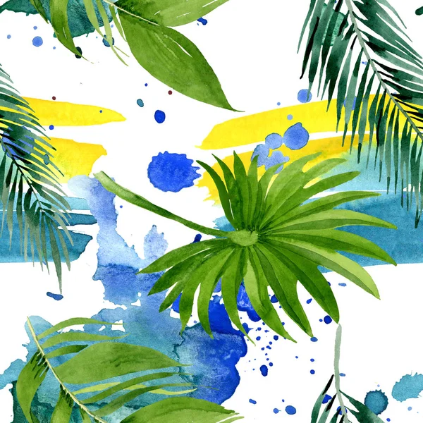Palm beach tree leaves jungle botanical. Watercolor background illustration set. Seamless background pattern.
