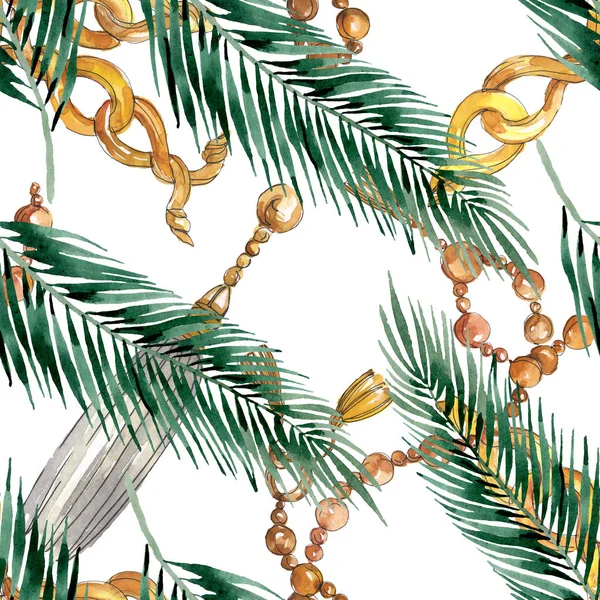 Palm beach tree leaves jungle botanical. Watercolor background illustration set. Seamless background pattern.