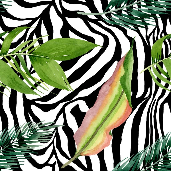 Palm beach tree leaves jungle botanical. Watercolor background illustration set. Seamless background pattern.