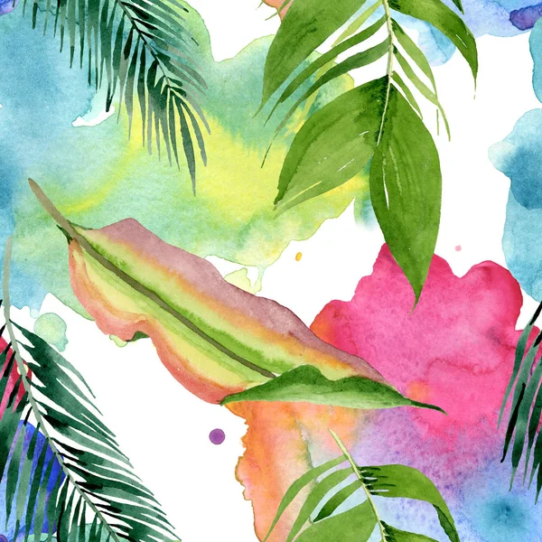 Palm beach tree leaves jungle botanical. Watercolor background illustration set. Seamless background pattern.