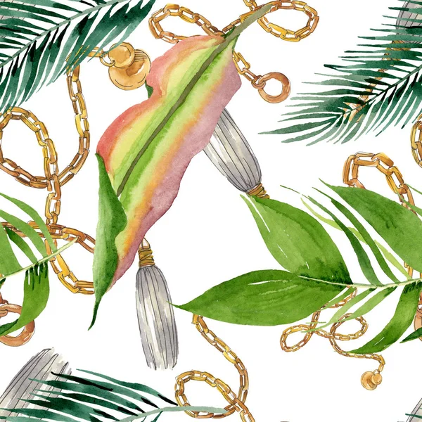 Palm beach tree leaves jungle botanical. Watercolor background illustration set. Seamless background pattern.