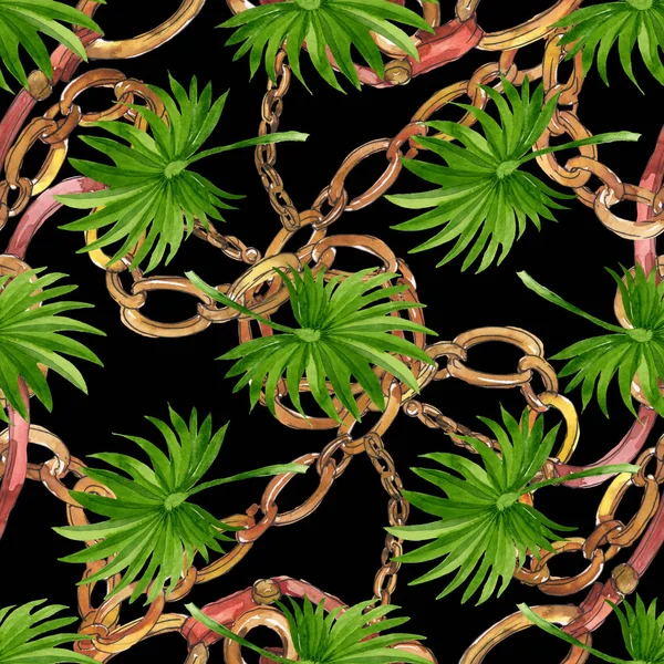 Palm beach tree leaves jungle botanical. Watercolor background illustration set. Seamless background pattern.