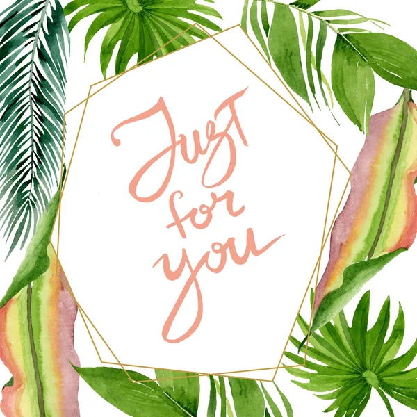 Palm beach tree leaves jungle botanical. Watercolor background illustration set. Frame border ornament square.