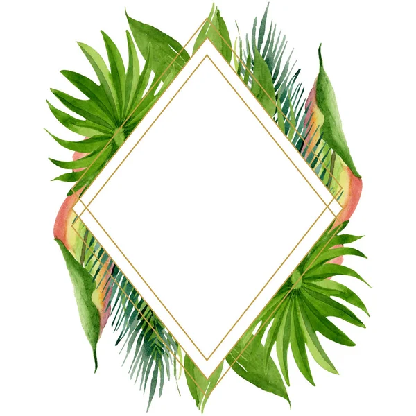 Palm Beach Tree lämnar Jungle Botanical. Akvarell bakgrund illustration uppsättning. Ram kant prydnad kvadrat. — Stockfoto