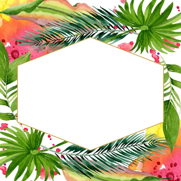 Palm beach tree leaves jungle botanical. Watercolor background illustration set. Frame border ornament square. — Stock Photo, Image