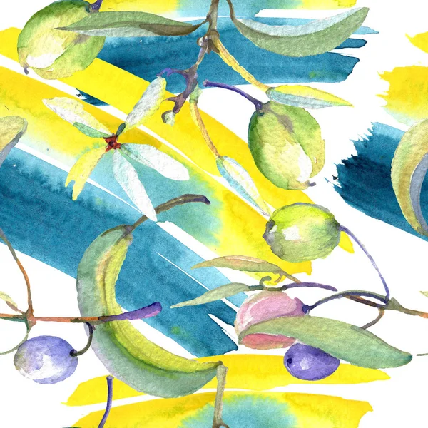Rama de olivo con fruta negra y verde. Conjunto de ilustración de fondo acuarela. Patrón de fondo sin costuras . —  Fotos de Stock