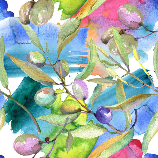 Оливковая ветвь с черными и зелеными фруктами. Набор акварельных фонов. Бесшовный рисунок фона
.
