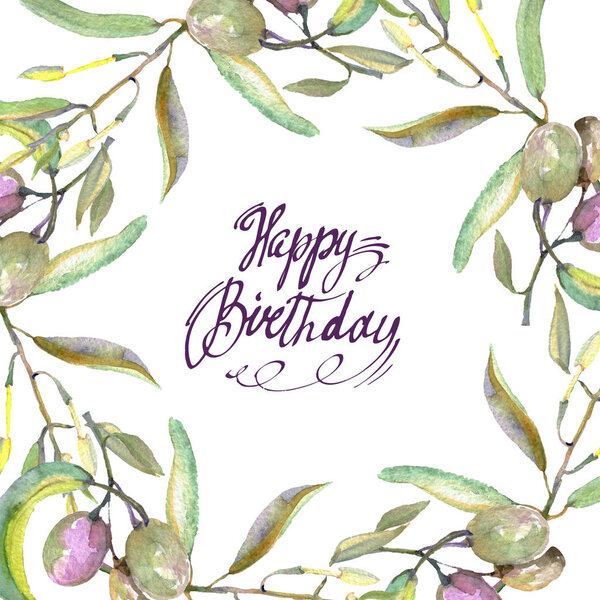 Оливковая ветвь с черными и зелеными фруктами. Набор акварельных фонов. Граничный орнамент
.