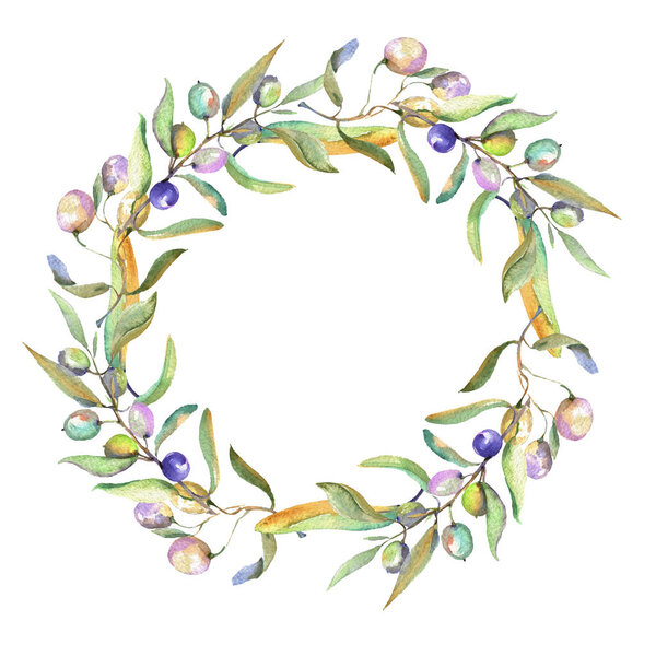 Оливковая ветвь с черными и зелеными фруктами. Набор акварельных фонов. Граничный орнамент
.