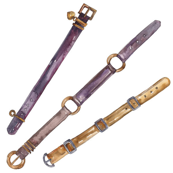 Leather belt sketch fashion glamour illustration in a watercolor style background. Clothes accessories set trendy outfit. Watercolour drawing fashion aquarelle. Isolated belts element.