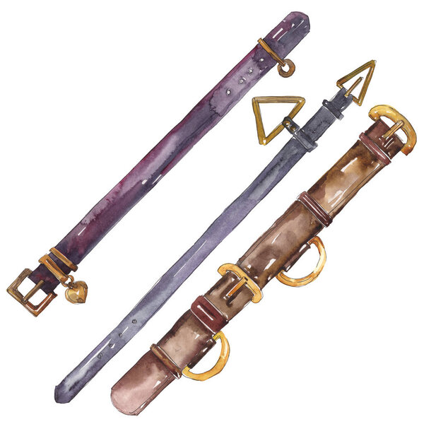 Leather belt sketch fashion glamour illustration in a watercolor style background. Clothes accessories set trendy outfit. Watercolour drawing fashion aquarelle. Isolated belts element.