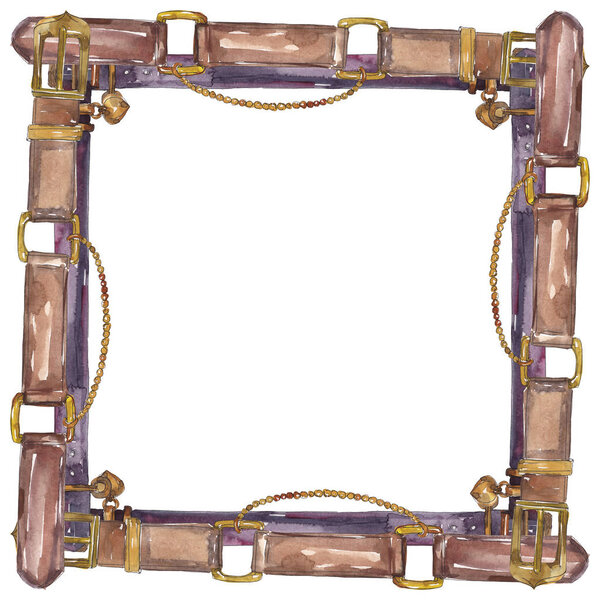 Leather belt sketch fashion glamour illustration in a watercolor style background. Clothes accessories set. Watercolour drawing fashion aquarelle. Frame border ornament square.